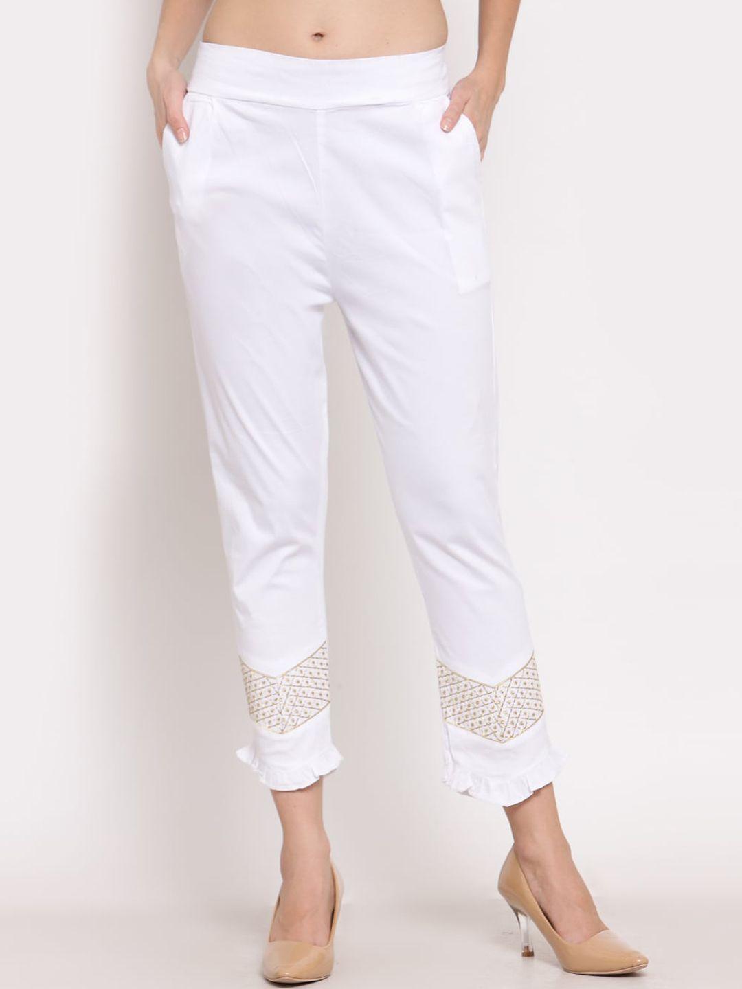 klotthe women white smart slim fit cotton cigarette trousers