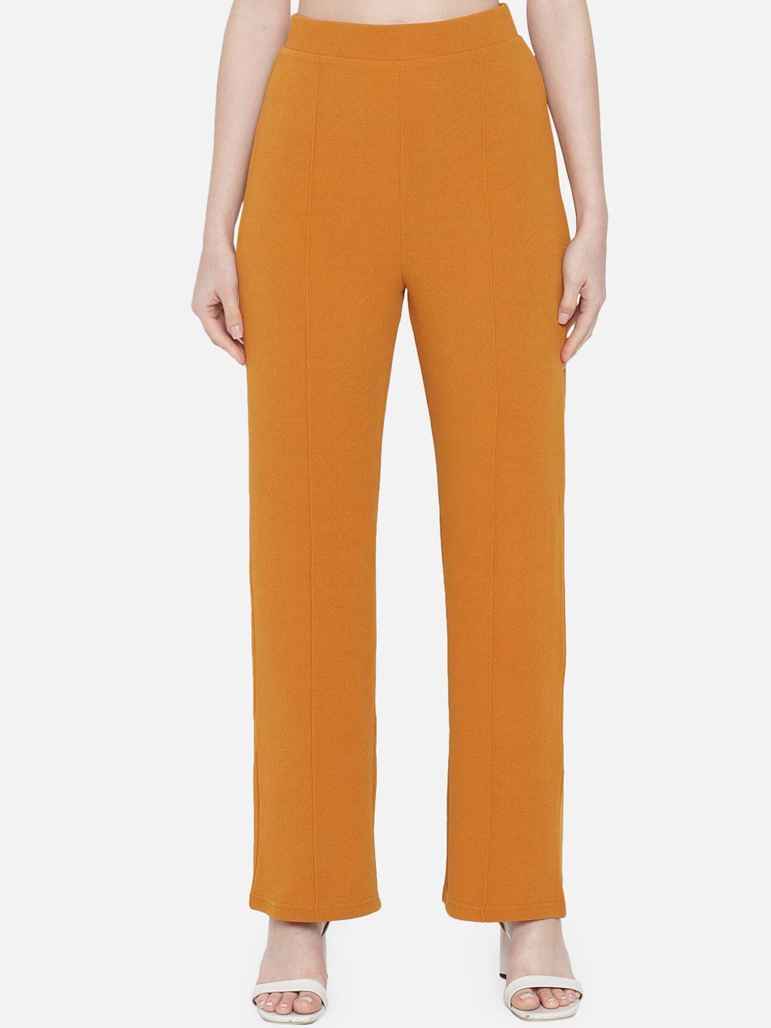 orchid hues women mustard yellow relaxed straight fit high-rise trousers