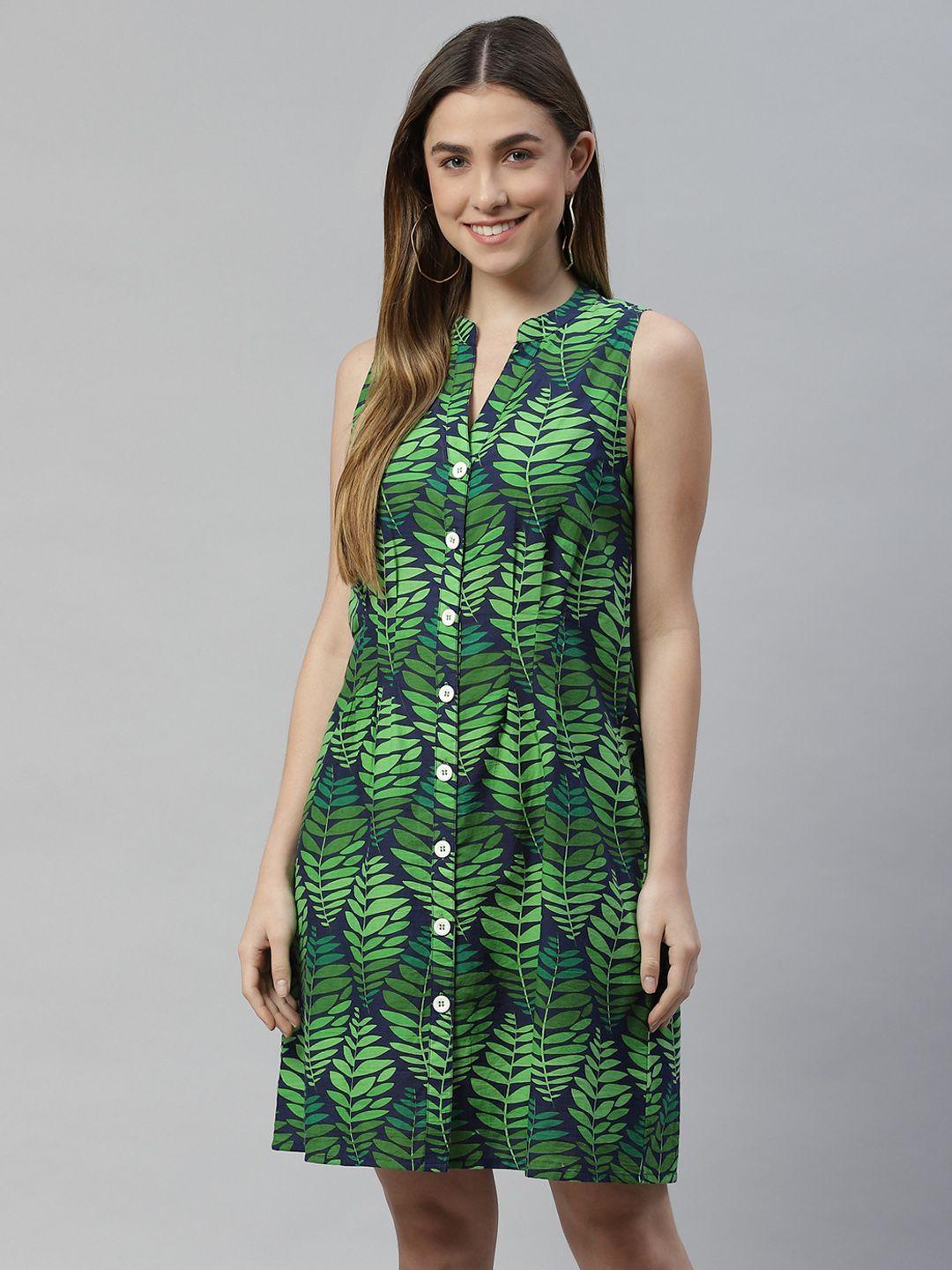 varushka green & navy blue tropical shirt dress