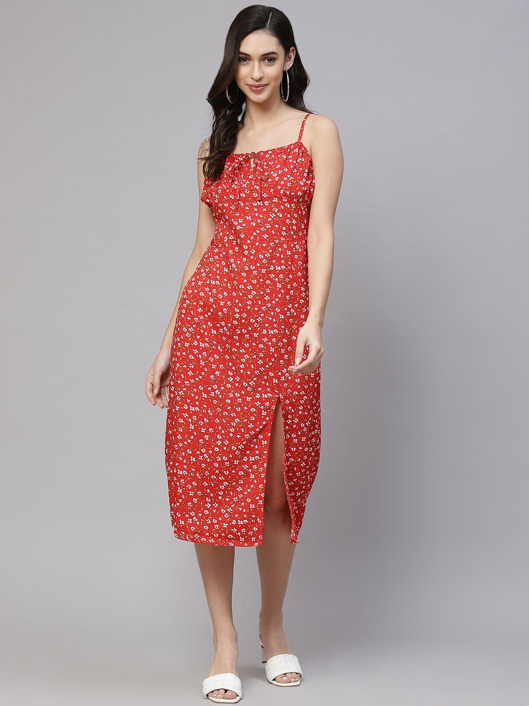 varushka red & white floral crepe sheath midi dress