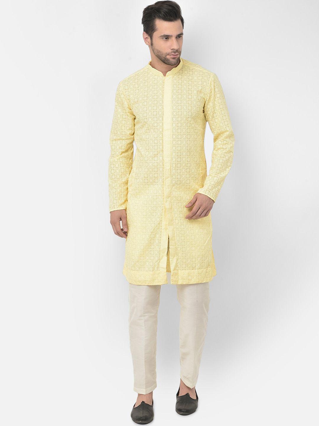 lamaaya men yellow & off-white ethnic motifs embroidered pure cotton kurta with pyjamas