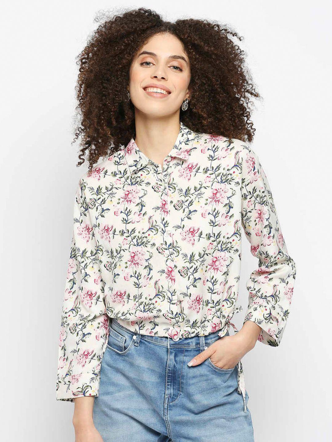 pepe jeans women cream-coloured & green floral printed cotton casual shirt