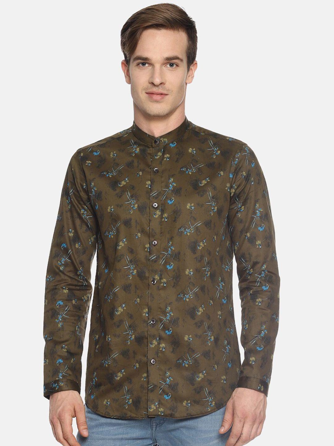 couper & coll men green premium slim fit printed casual shirt