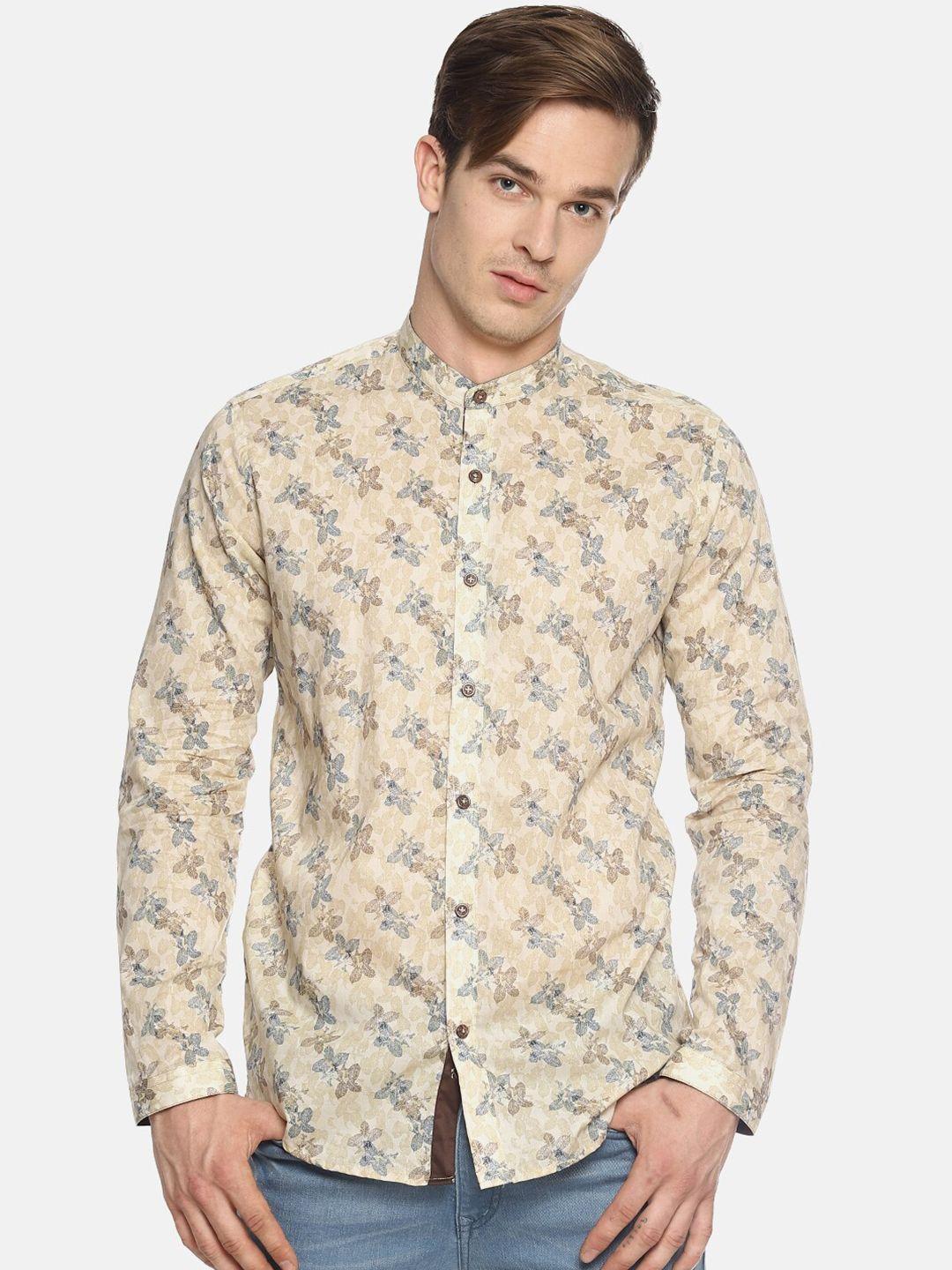 couper & coll men beige premium slim fit floral printed casual shirt