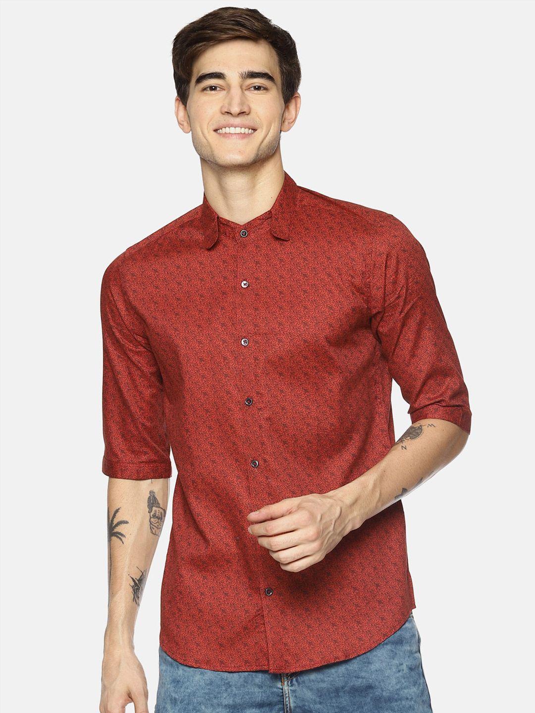 couper & coll men red premium slim fit pure cotton printed casual shirt