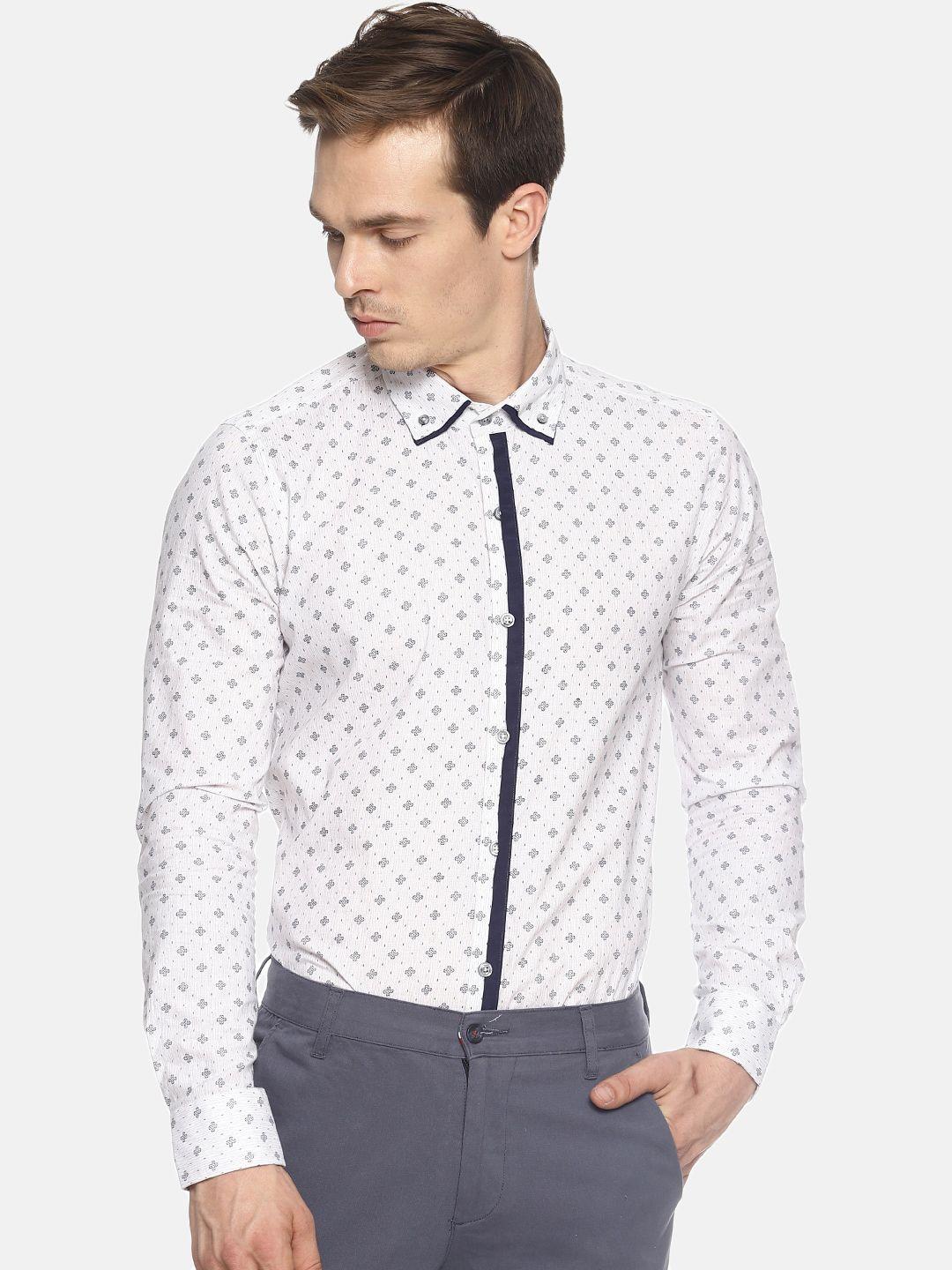 couper & coll men white premium slim fit printed casual shirt