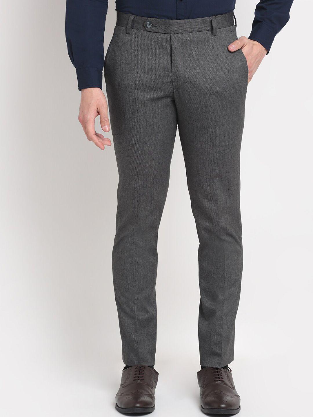 ennoble men grey textured smart tapered fit easy wash formal trousers