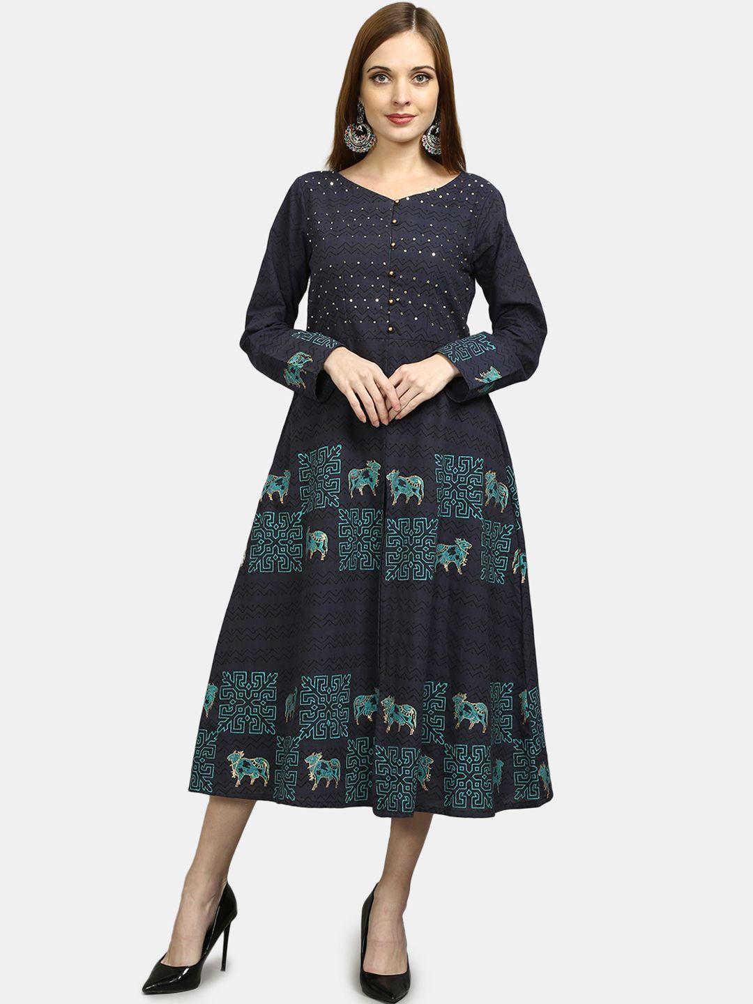 flavido navy blue & teal ethnic motifs printed sequined ethnic cotton midi a-line dress