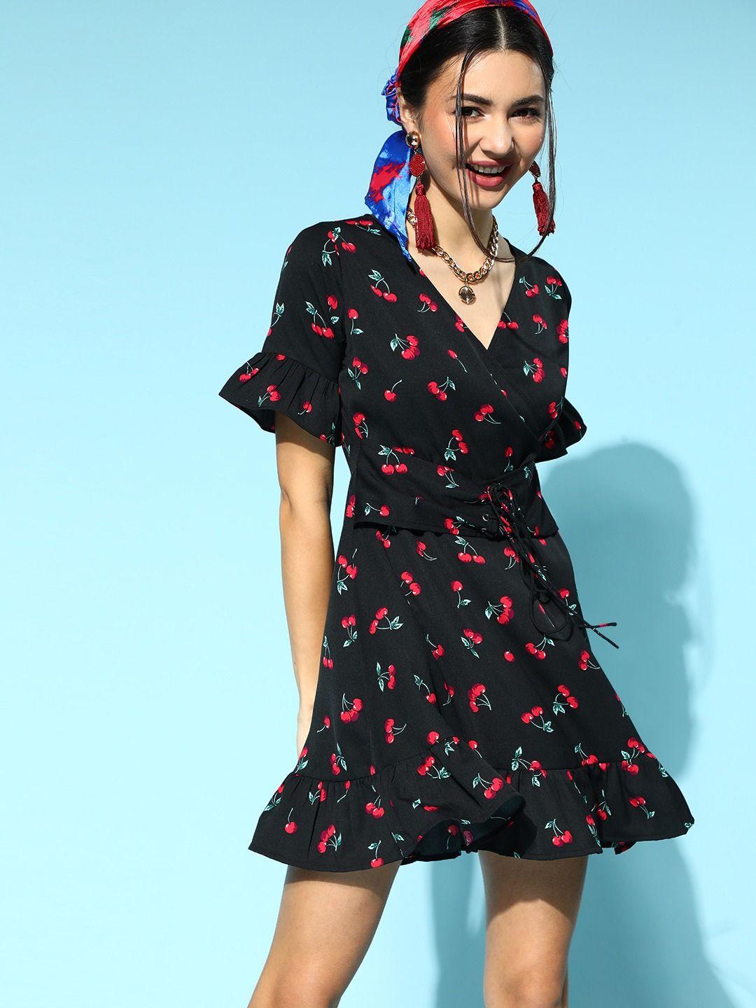 berrylush black & red printed crepe wrap dress