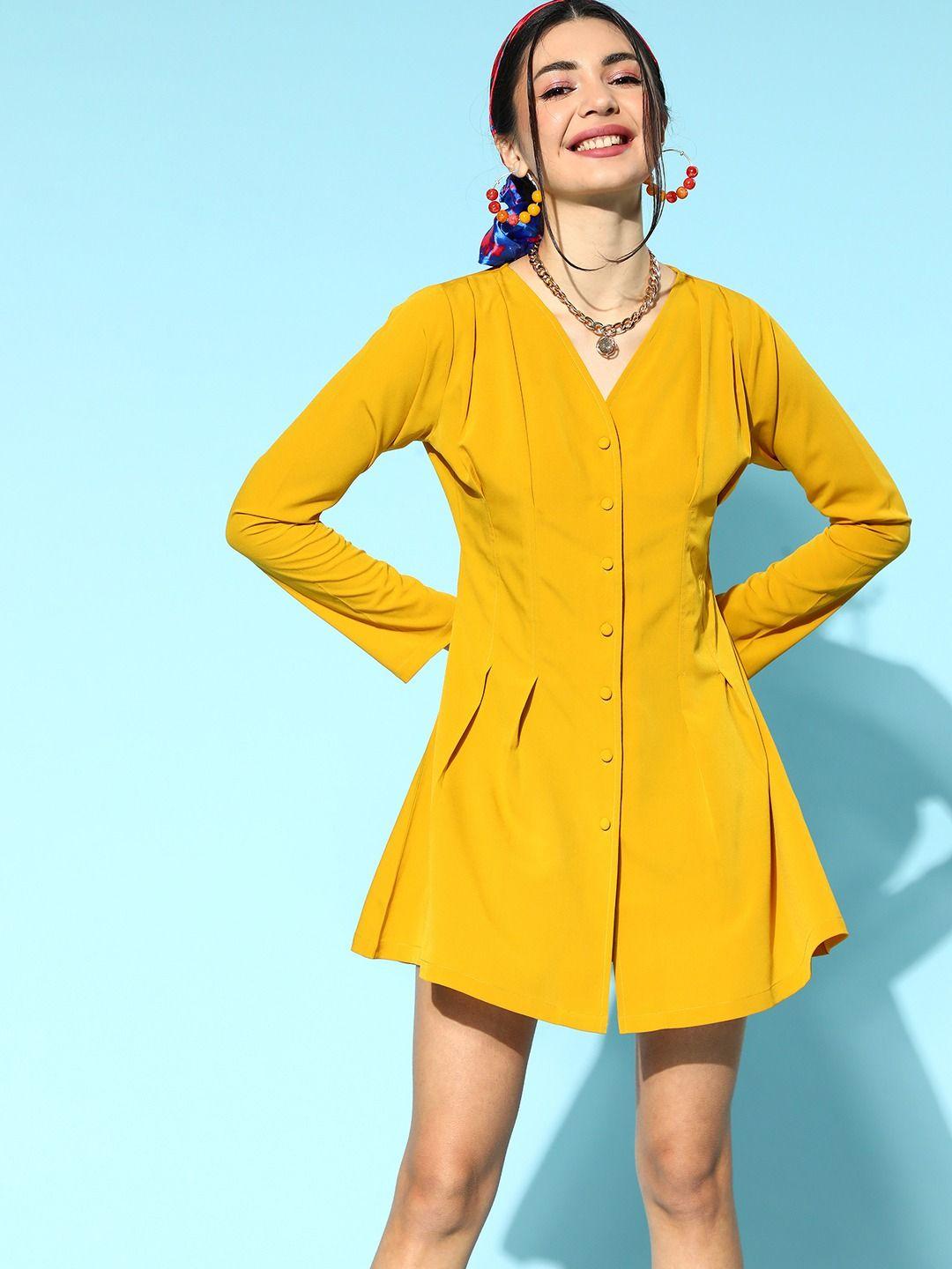 berrylush mustard yellow solid crepe a-line dress