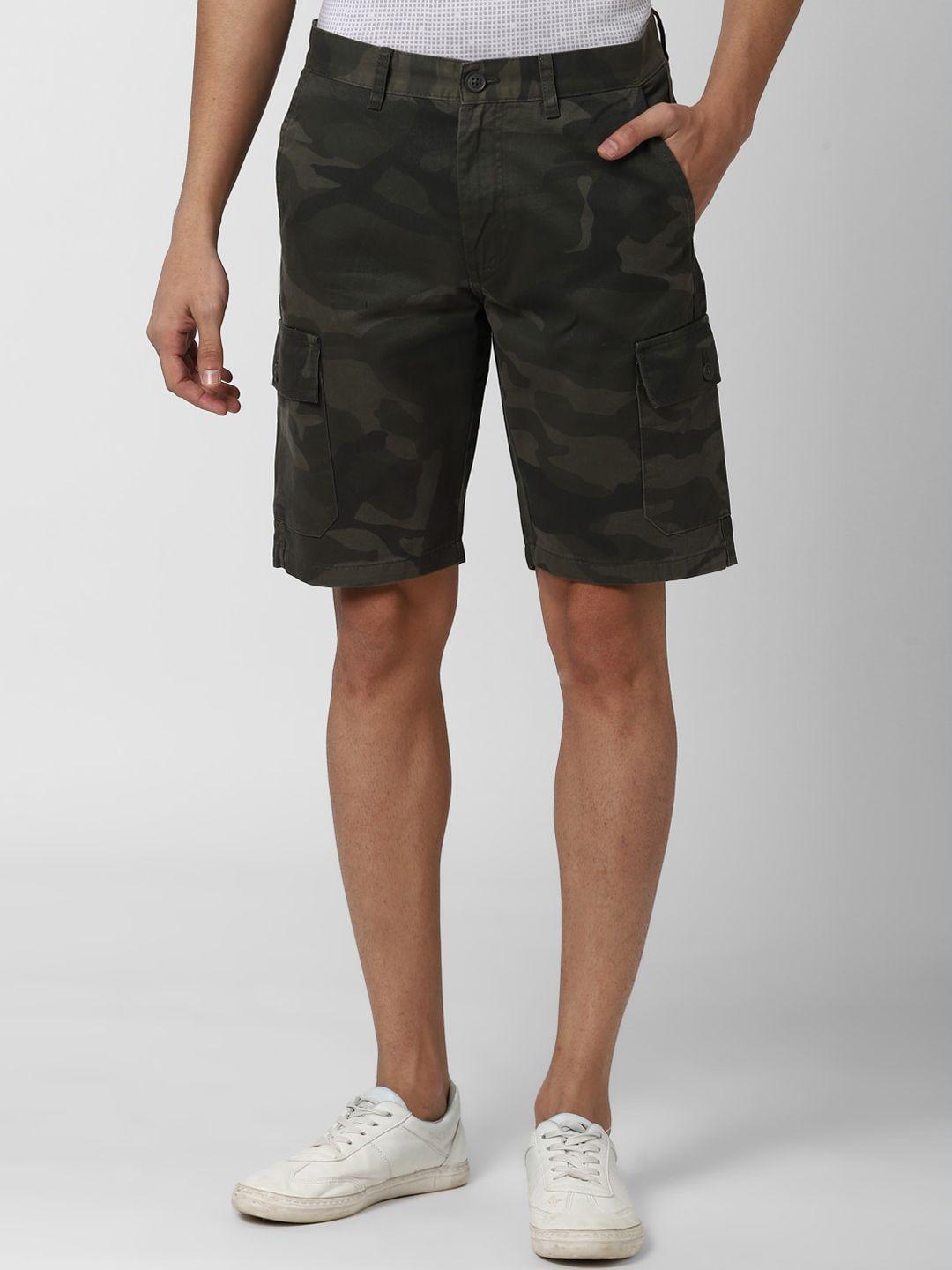 peter england casuals men olive green camouflage printed cargo shorts