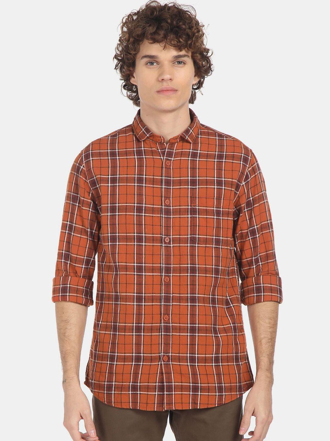 cherokee men rust tartan checked casual shirt