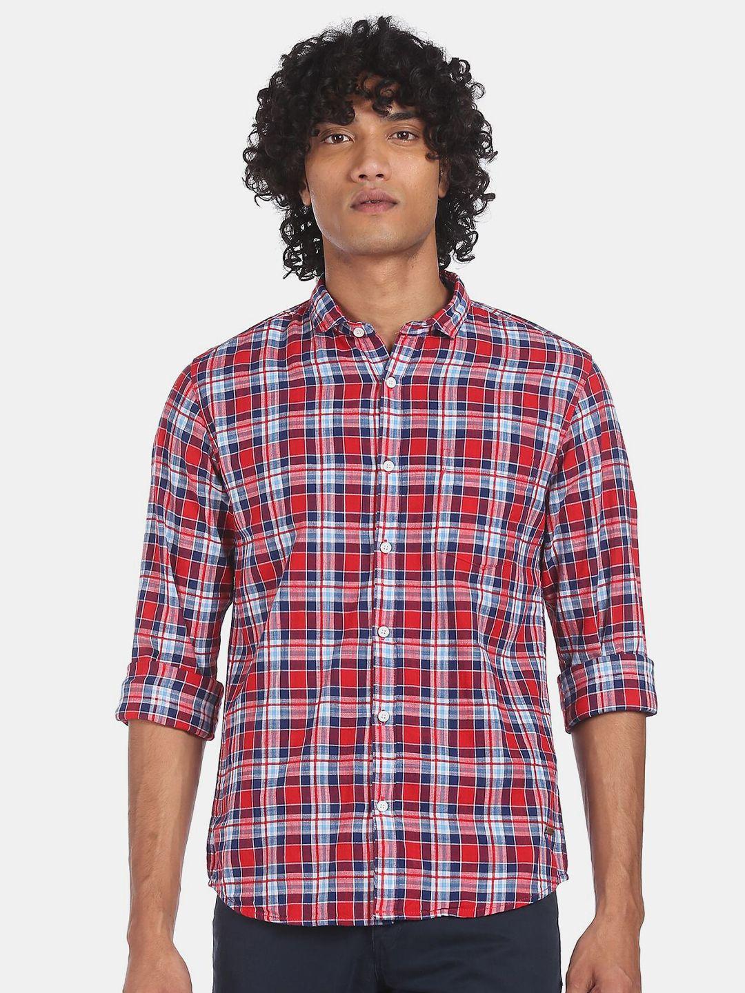 cherokee men red & blue checked pure cotton casual shirt