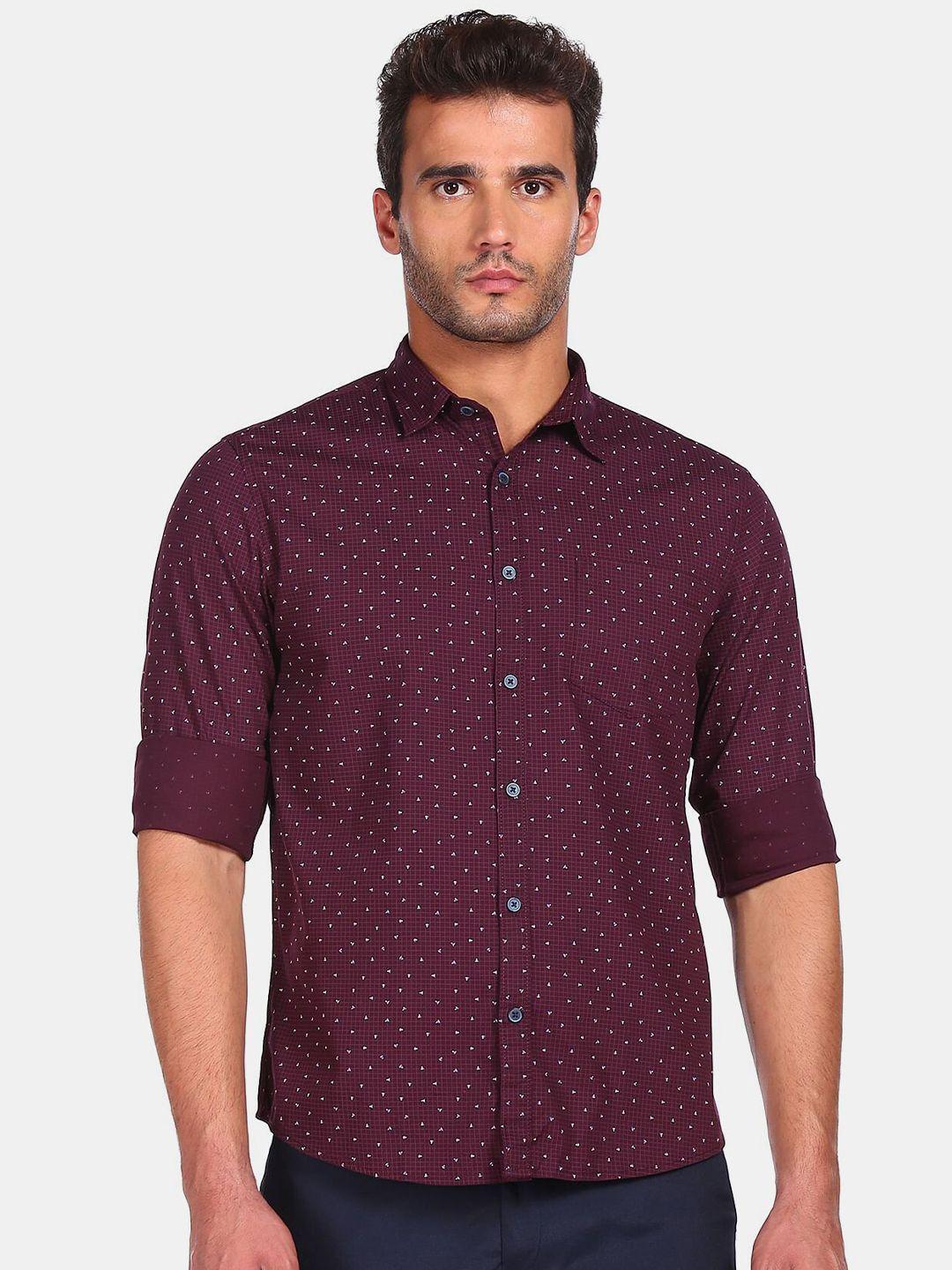 ruggers men burgundy micro ditsy printed pure cotton casual shirt