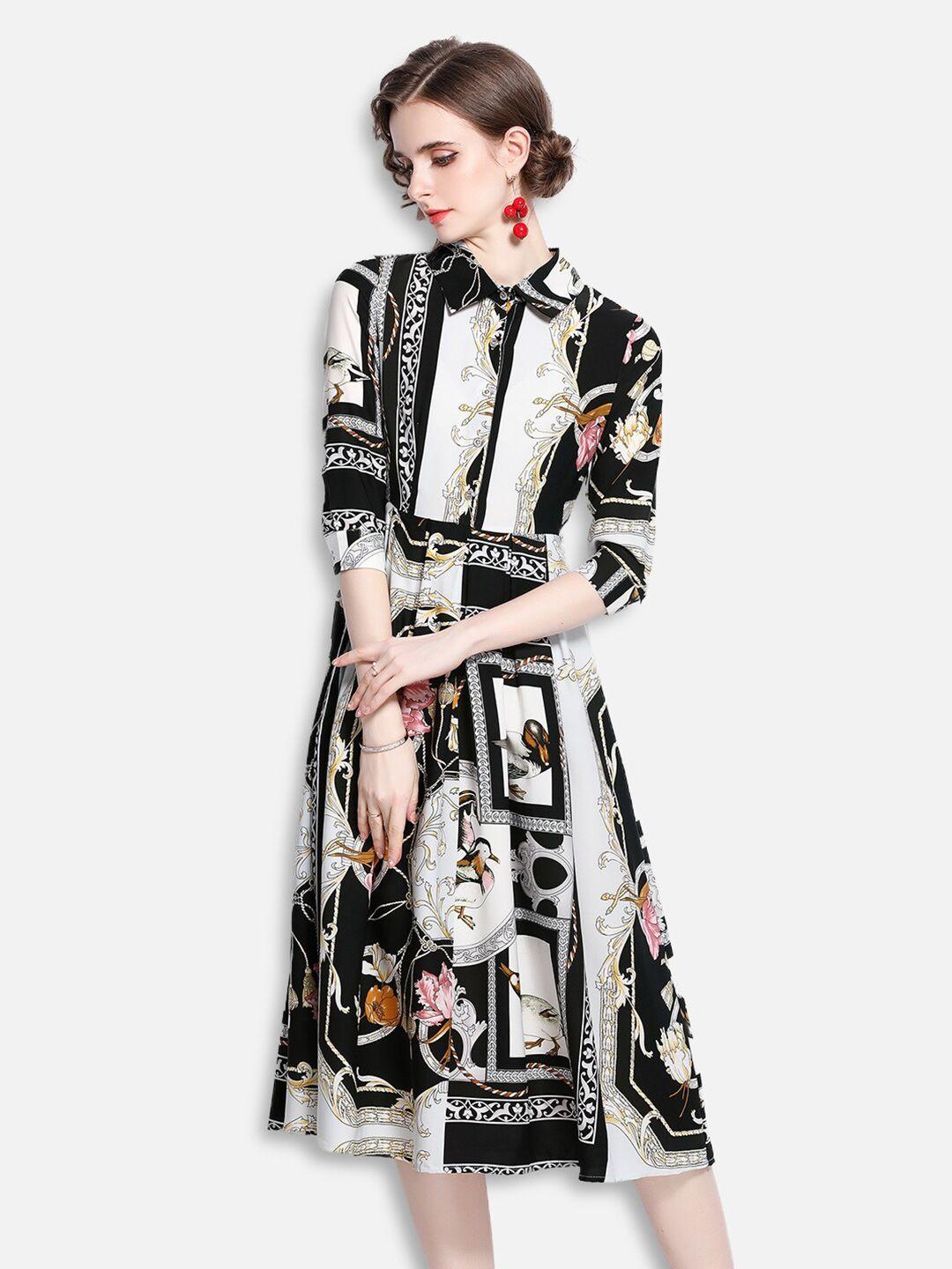 jc collection women black & white scarf print midi a-line dress