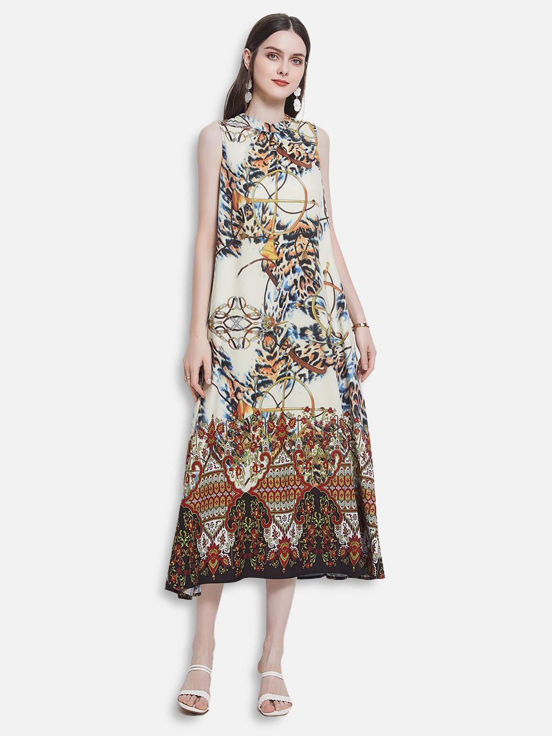 jc collection women cream-coloured & brown midi a-line dress