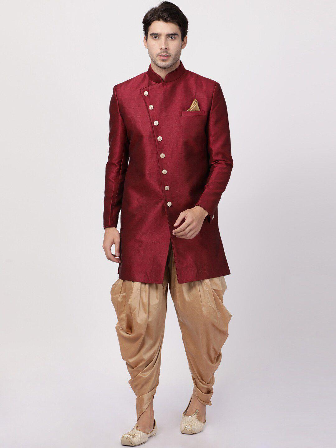 vastramay men maroon & gold-toned solid silk sherwani set