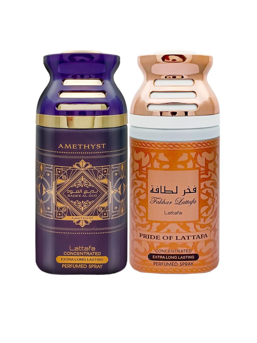 lattafa set of 2 badee al oud (amethyst) & fakhar pink pride of lattafa spray body 250ml