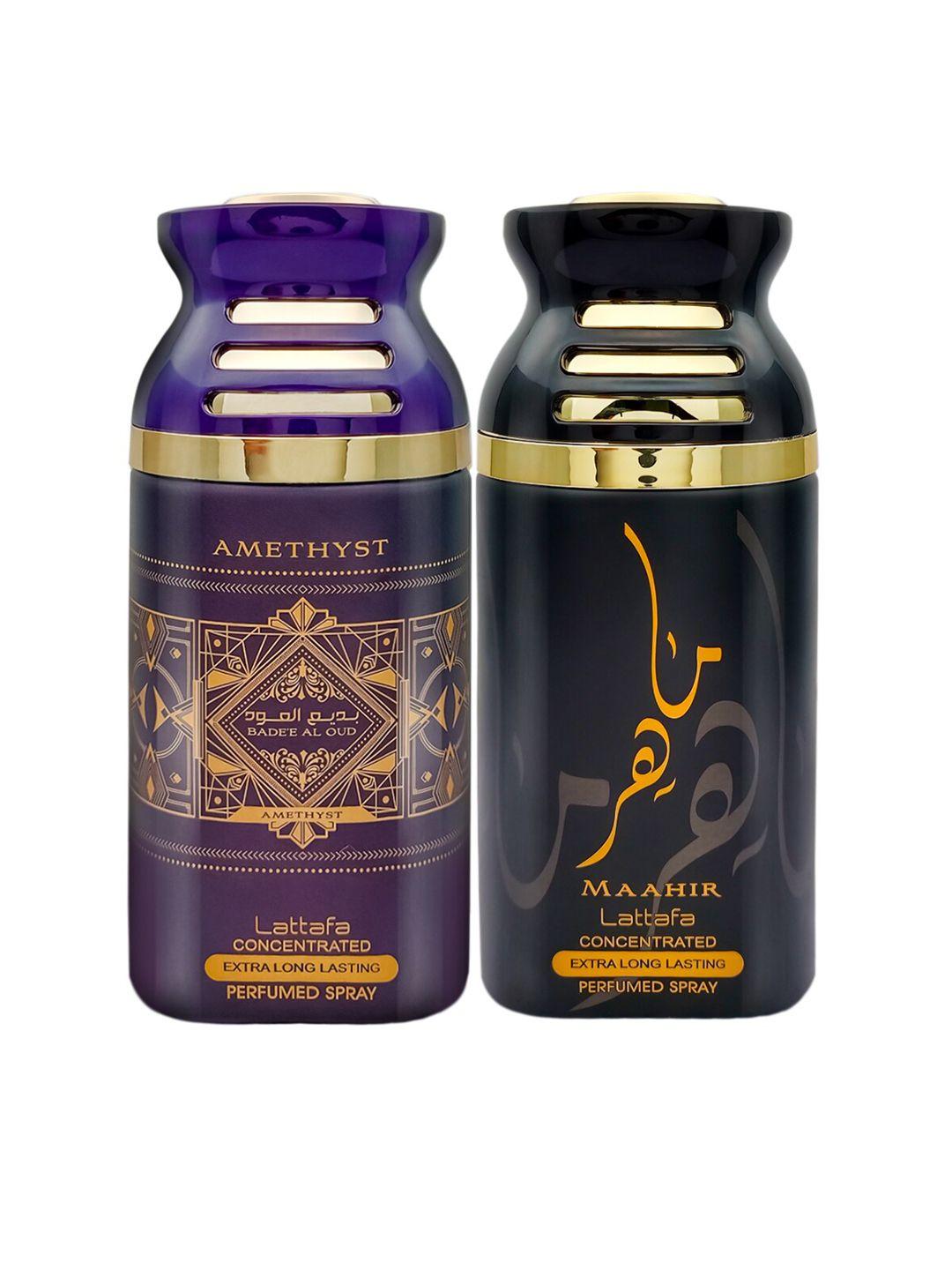 lattafa set of 2 maahir gold & badee al oud perfumed spray body 250ml