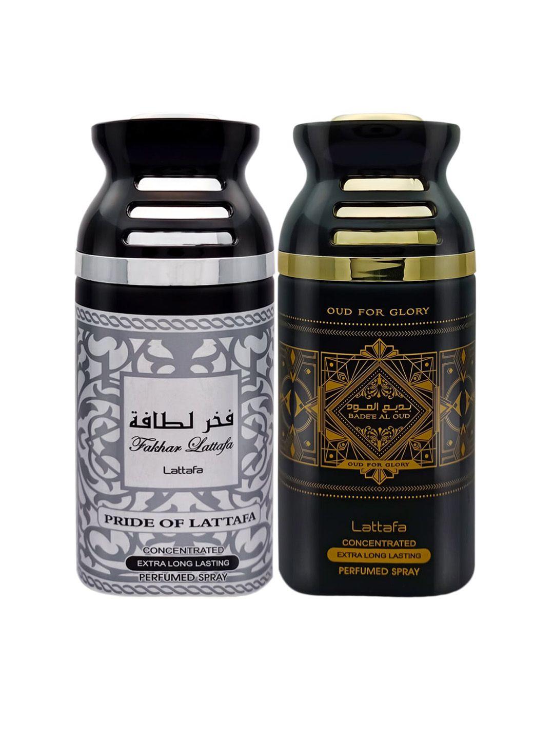 lattafa unisex pack of 2 fakhar black pride & badee al oud perfumed spray body- 250ml