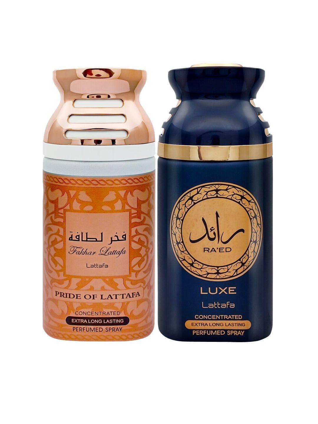 lattafa set of 2 fakhar pink pride of lattafa & raeed luxe perfumed body spray 500ml