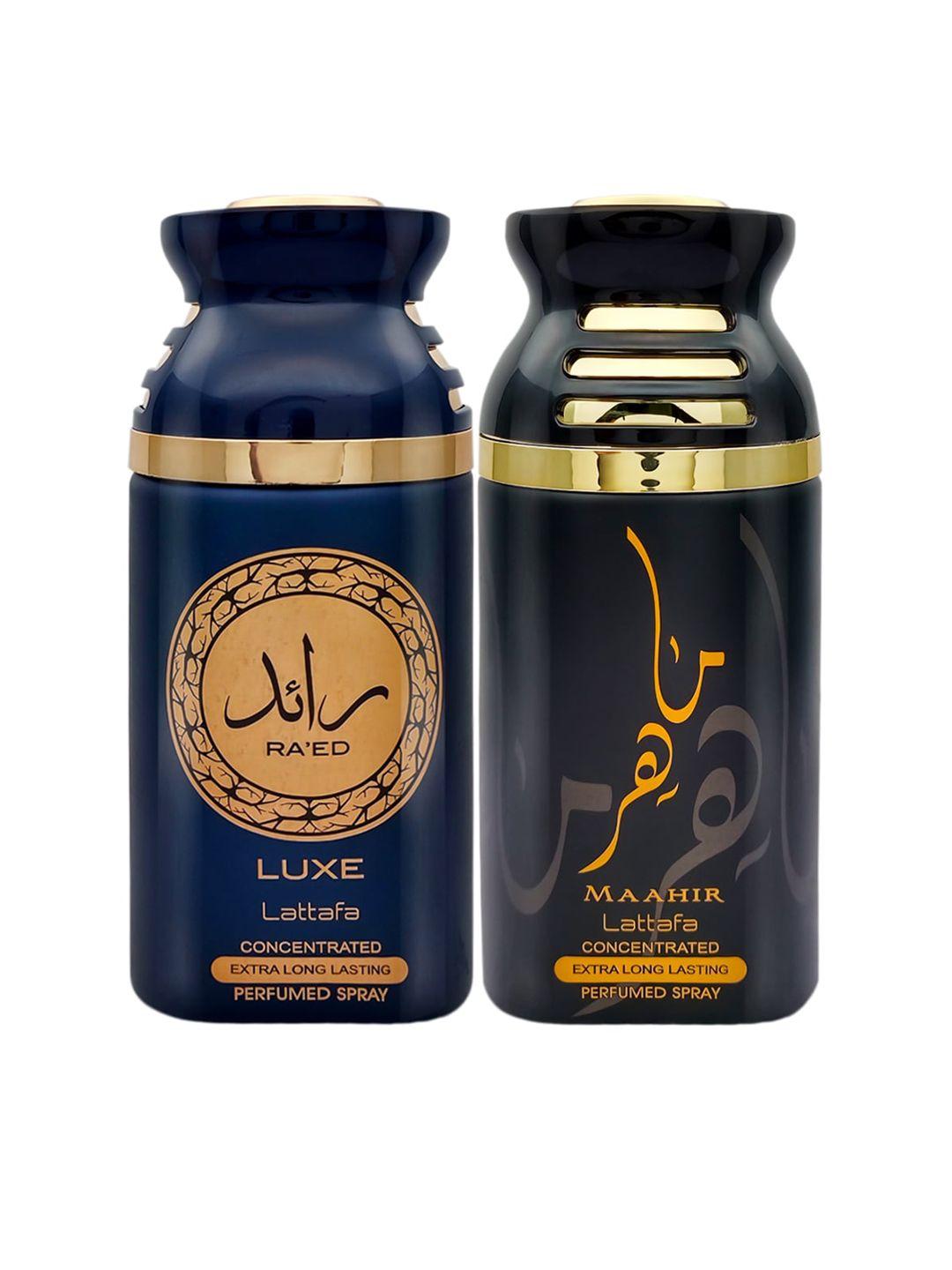 lattafa raeed luxe & maahir gold pack of 2 perfumed body spray 250ml each