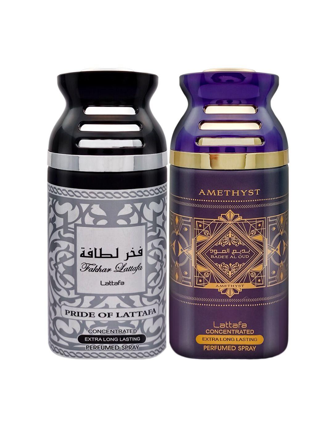 lattafa pack of 2 black pride of lattafa & badee al oud perfumed body spray - 250ml each