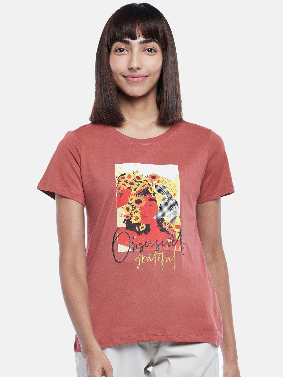 honey by pantaloons women rust & white printed pure cotton t-shirt