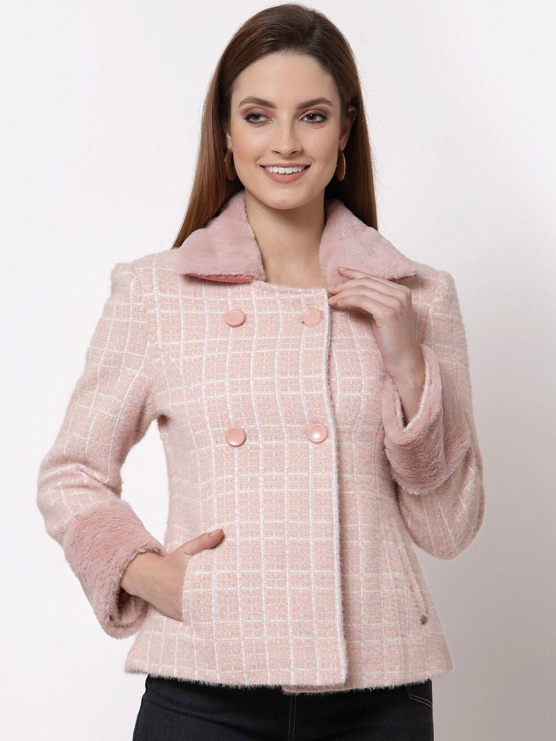 juelle women peach colored & white checked spread coat pea coat