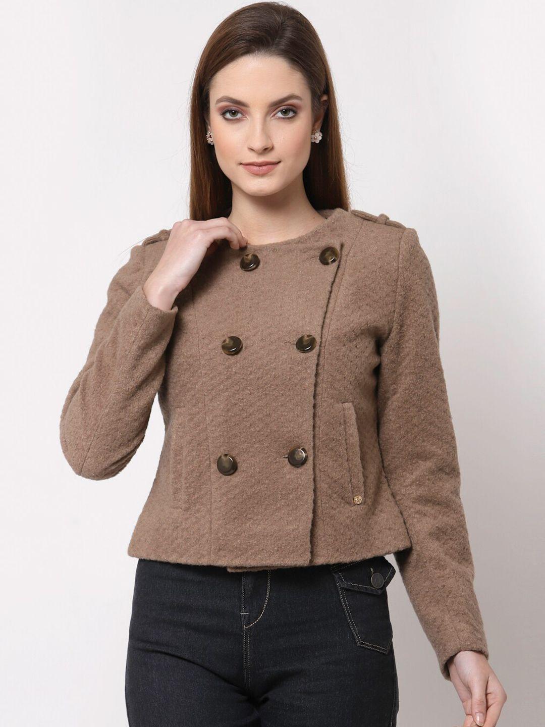 juelle women brown solid double breasted peacoat