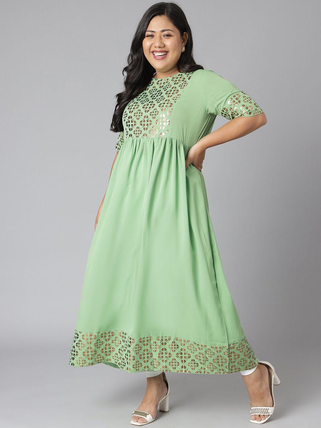 xl love by janasya women plus size green & gold-toned geometric printed anarkali kurta