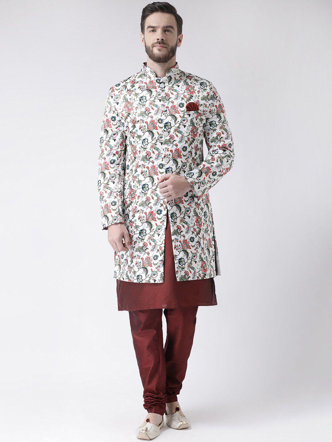 hangup men white & maroon printed sherwani set