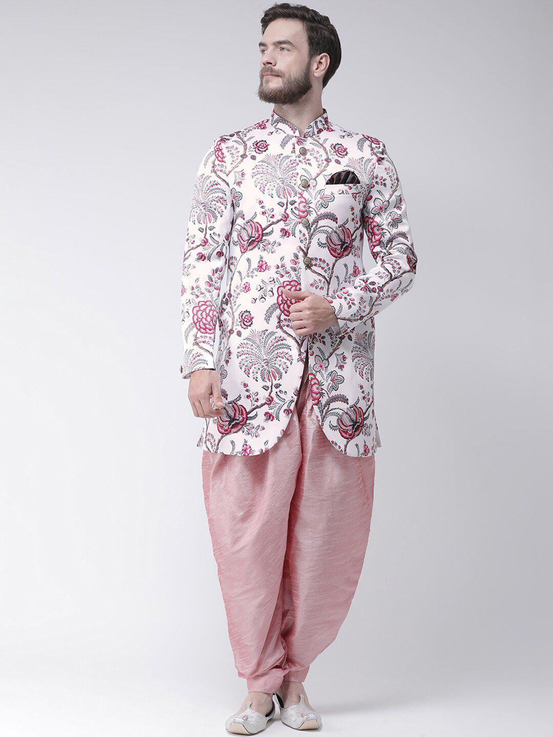 hangup men white & pink printed sherwani set