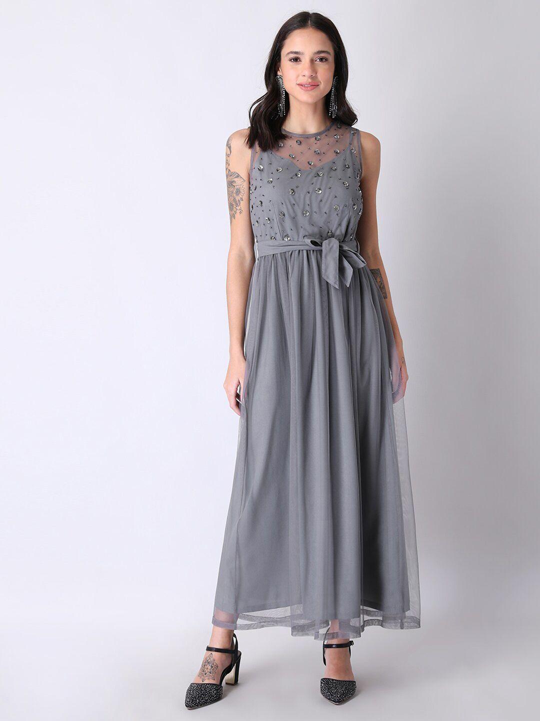 faballey women charcoal grey sequinned net maxi dress