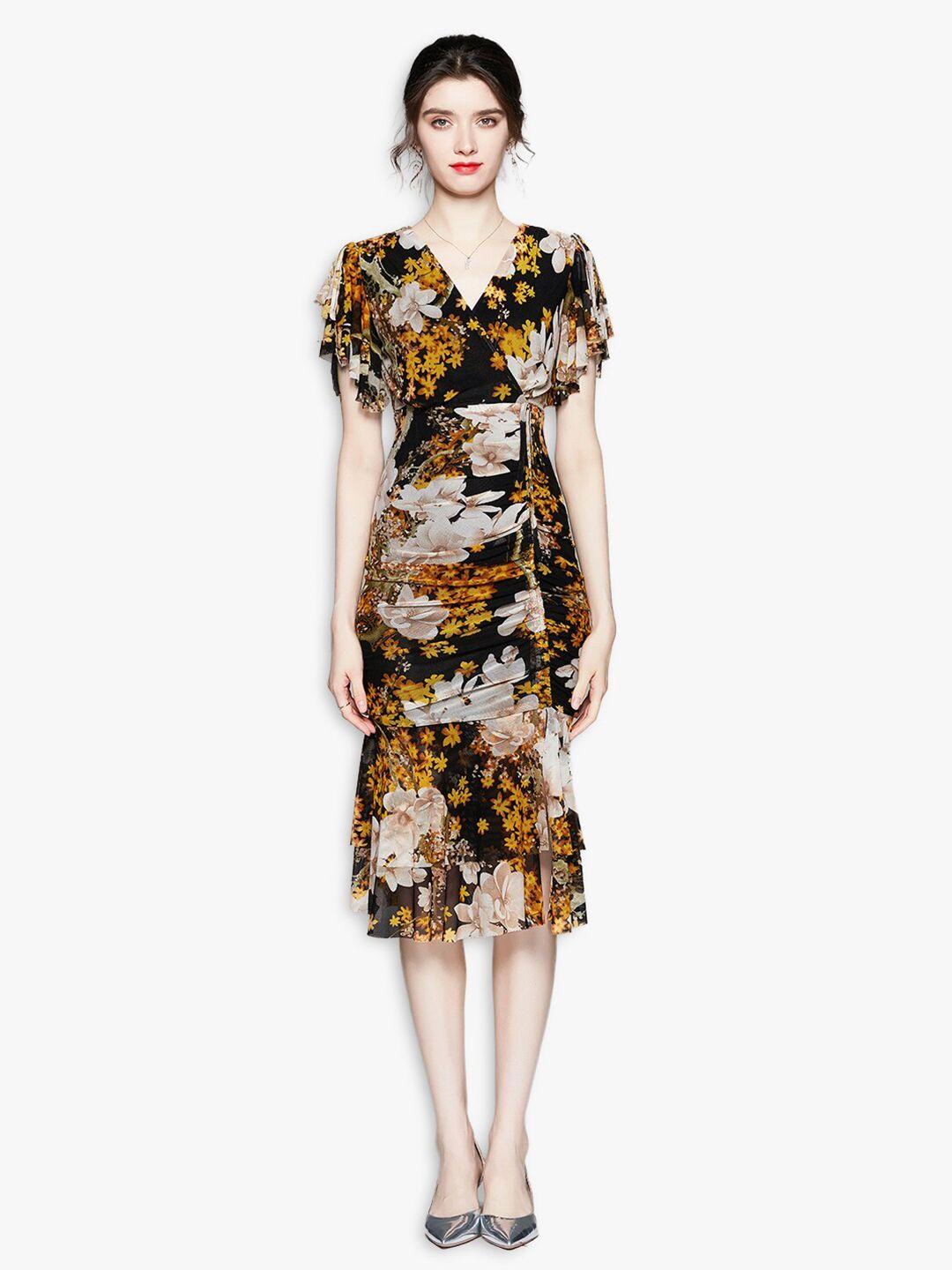 jc collection women yellow & black floral sheath midi dress