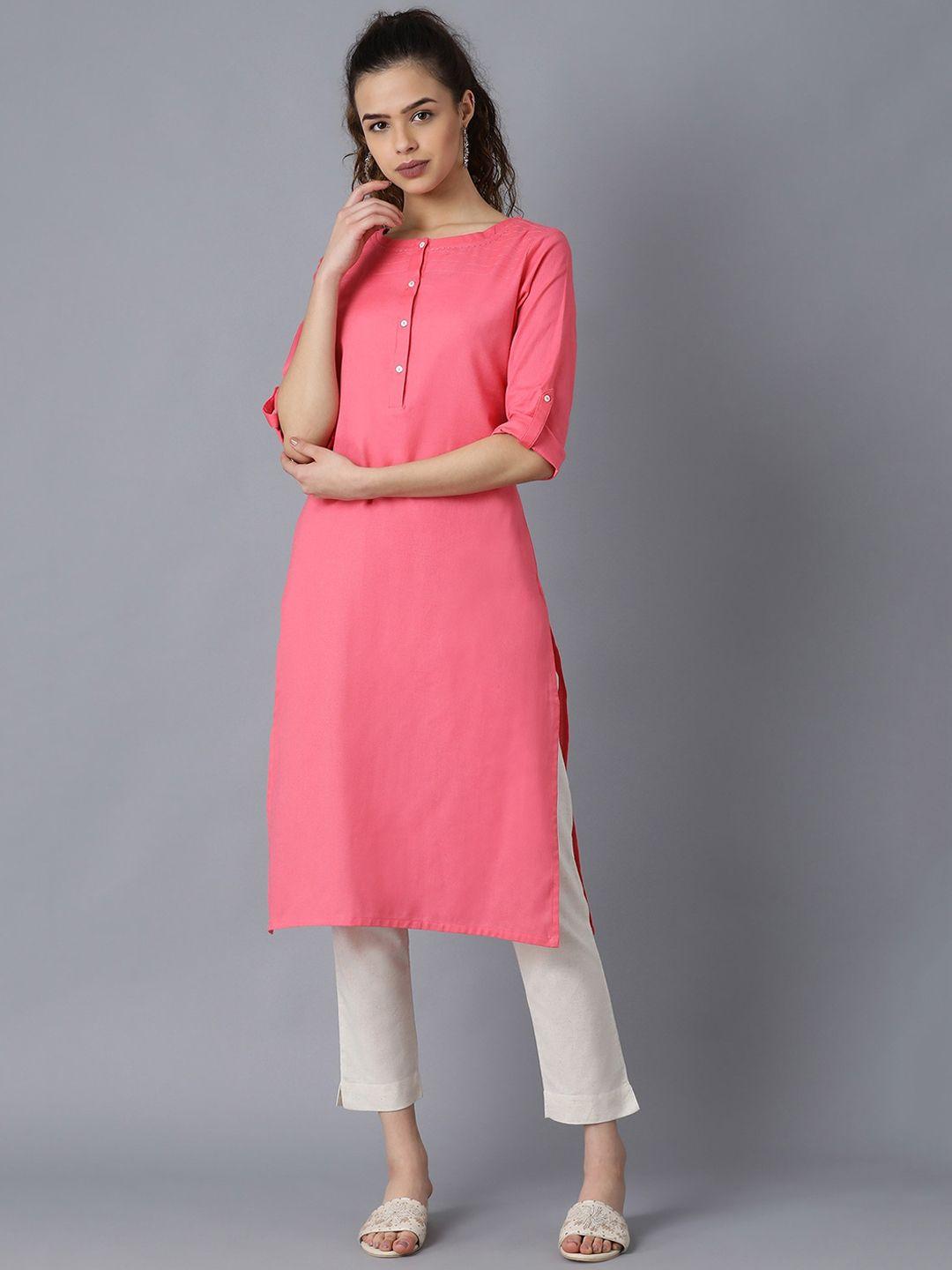 w women yellow pink thread work kurta