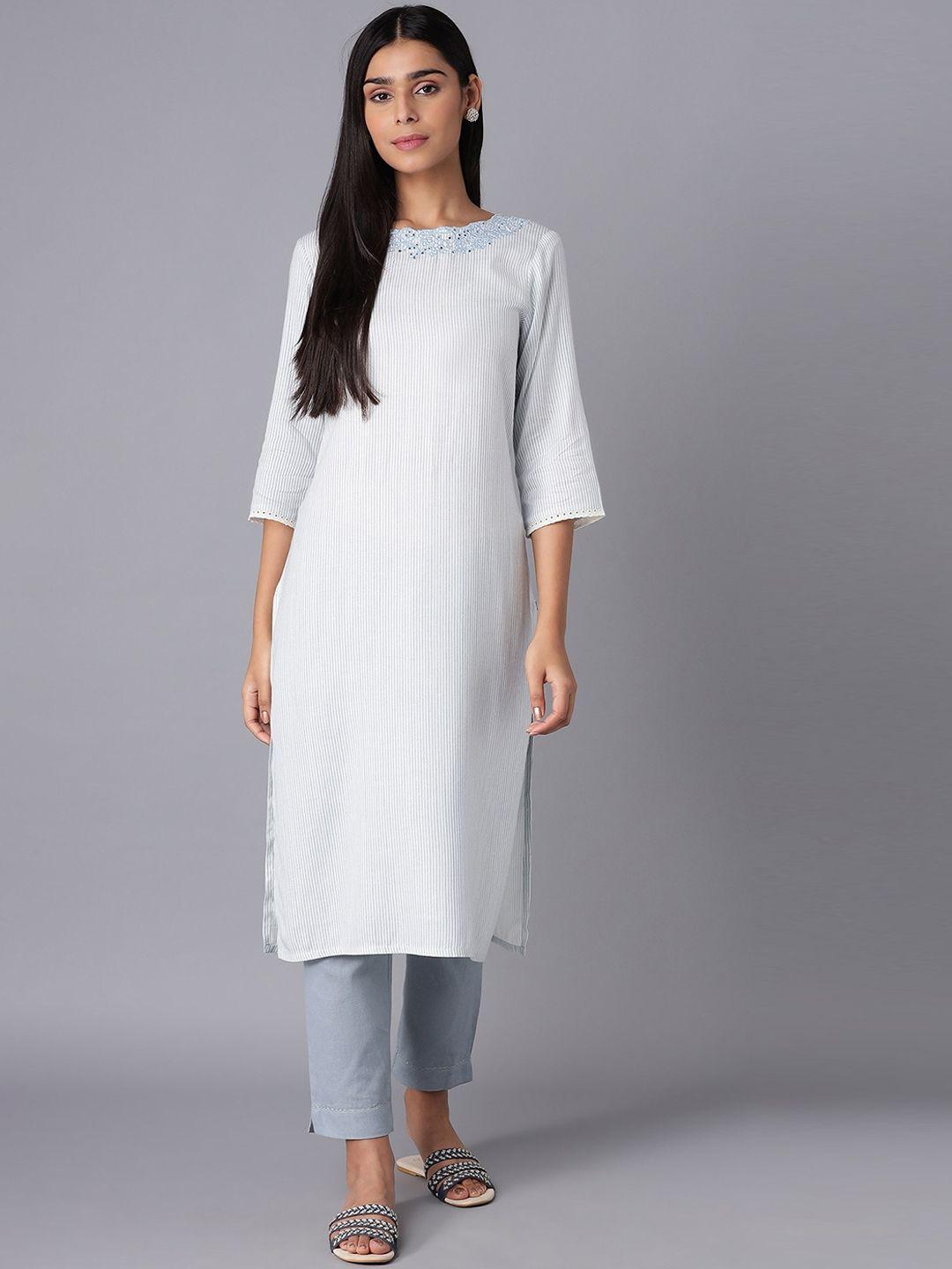 w women white & blue striped thread work kurta