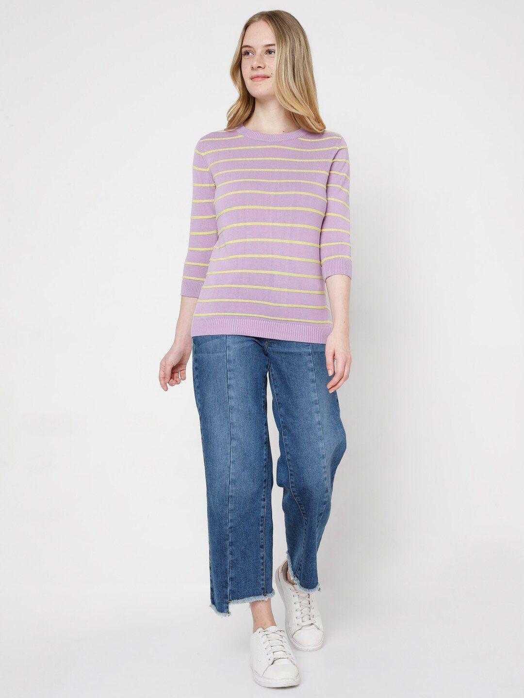 vero moda women purple & yellow striped pullover