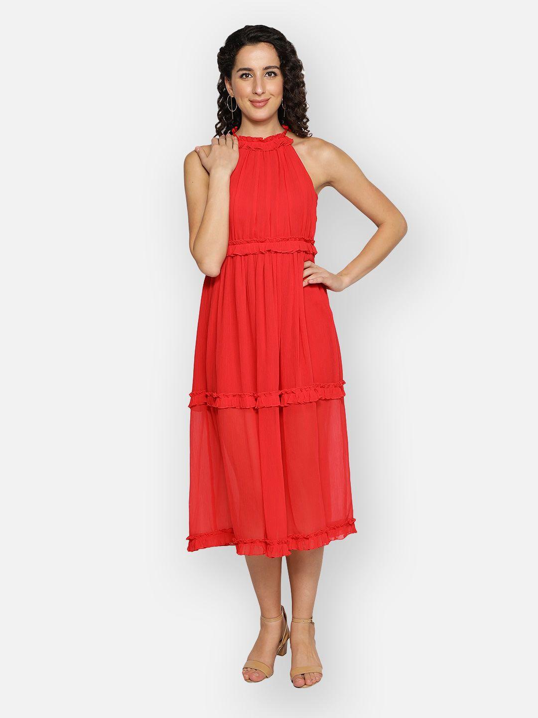 blanc9 red halter neck midi fit & flare dress