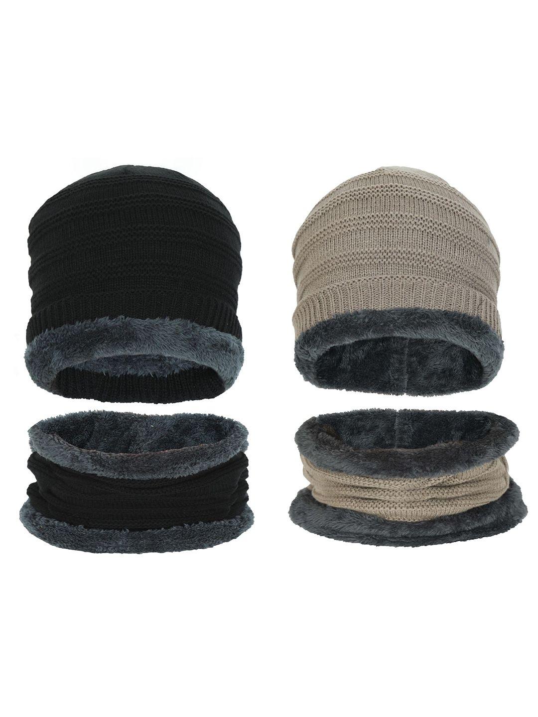 fabseasons unisex black & beige pack of 2 acrylic beanie