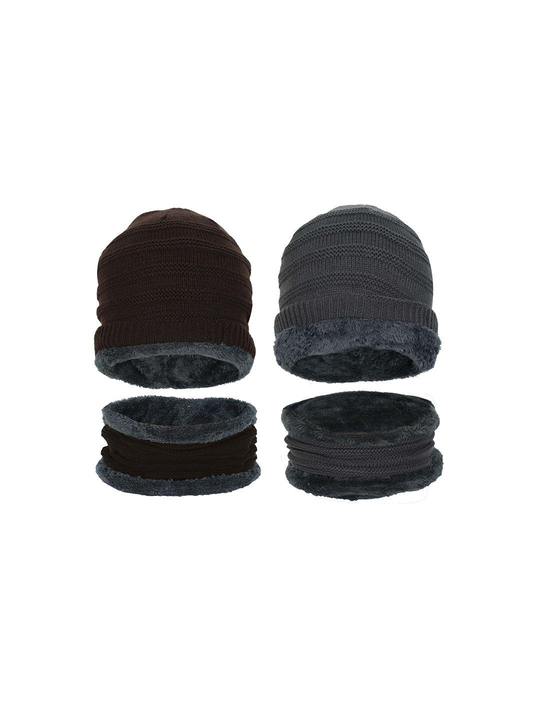 fabseasons unisex brown & grey set of 2 beanie and mufflers