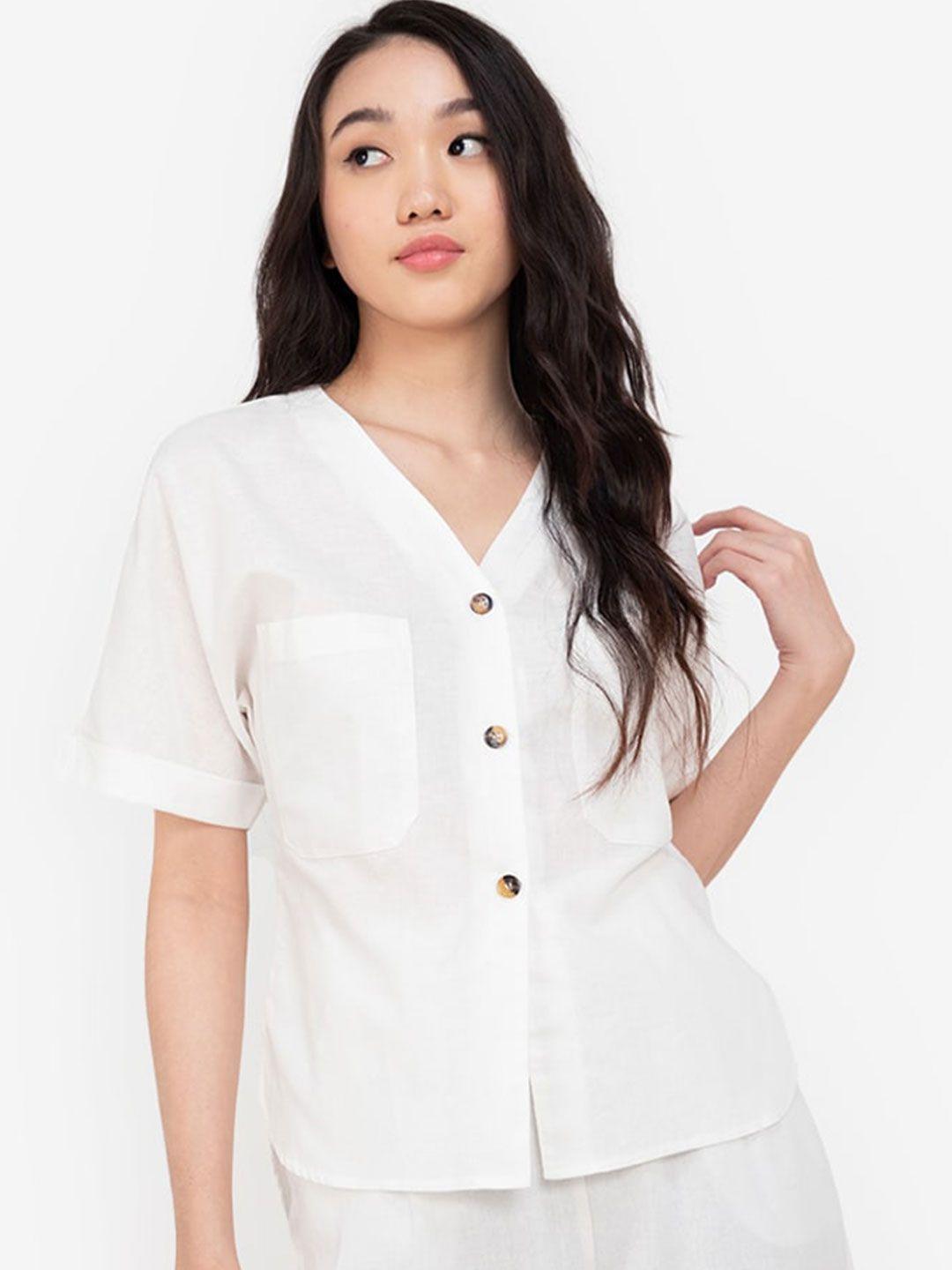 zalora basics white colourblocked roll-up sleeves shirt style top