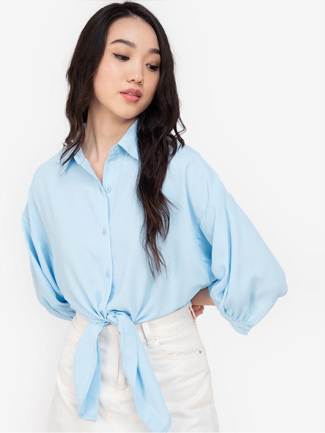 zalora basics women blue semi sheer casual shirt