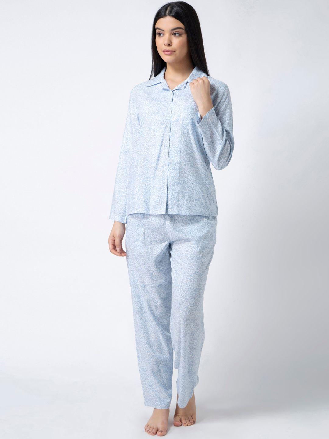 adorenite women white & blue printed night suit