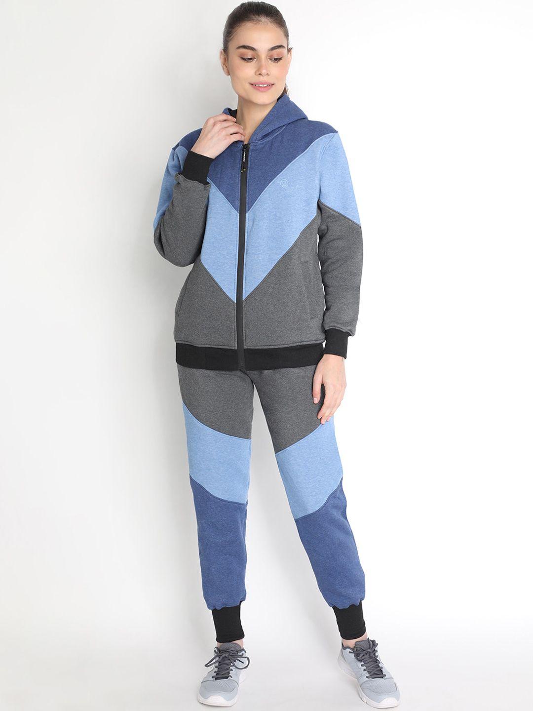 chkokko women blue colourblocked cotton tracksuit