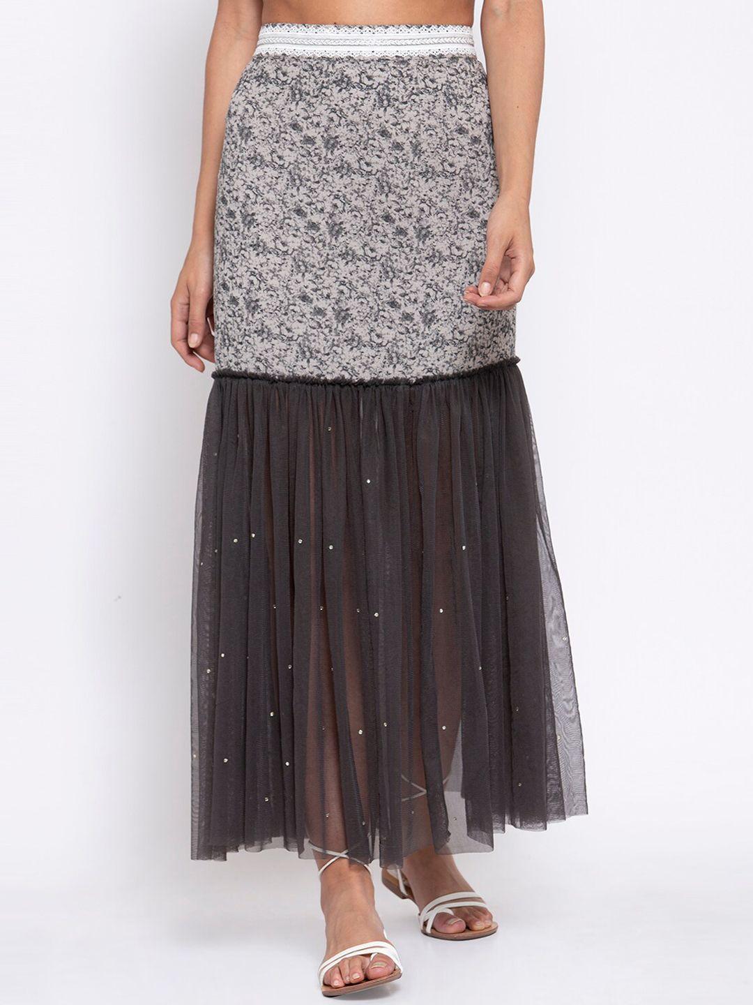 lela women grey & black floral printed skirt