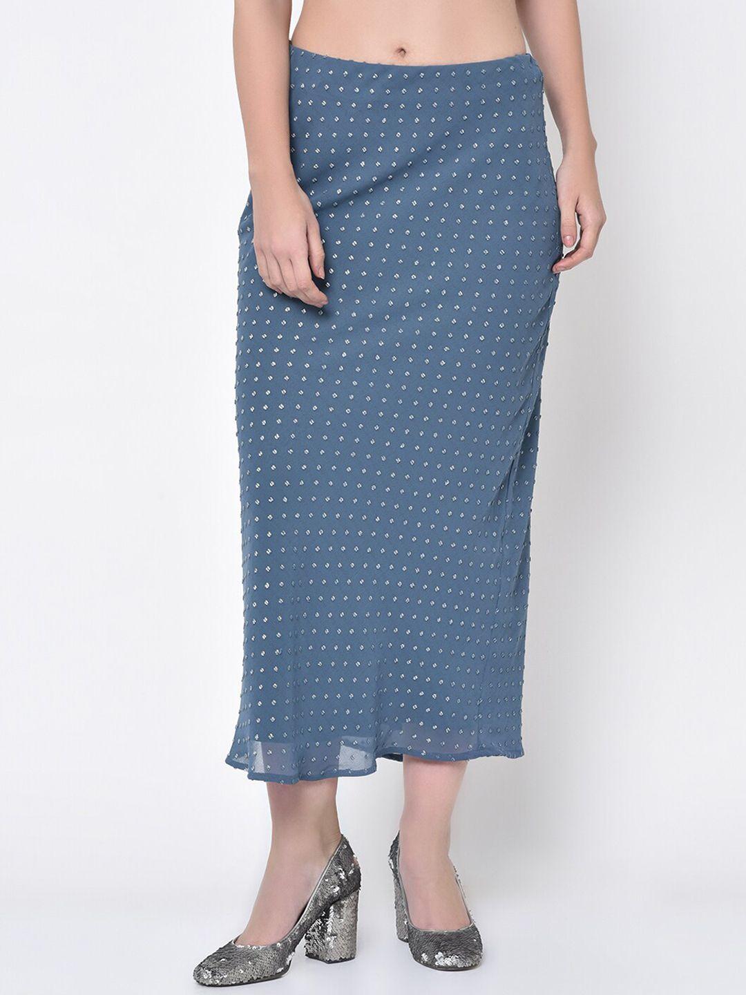 lela women blue self design midi straight skirt