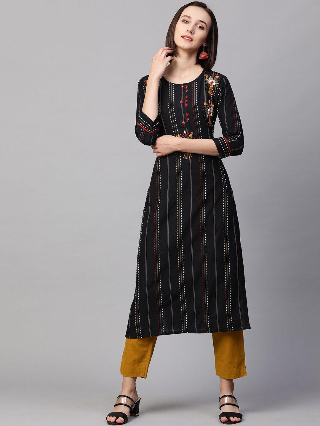 fashor women black striped flared sleeves thread work kurta