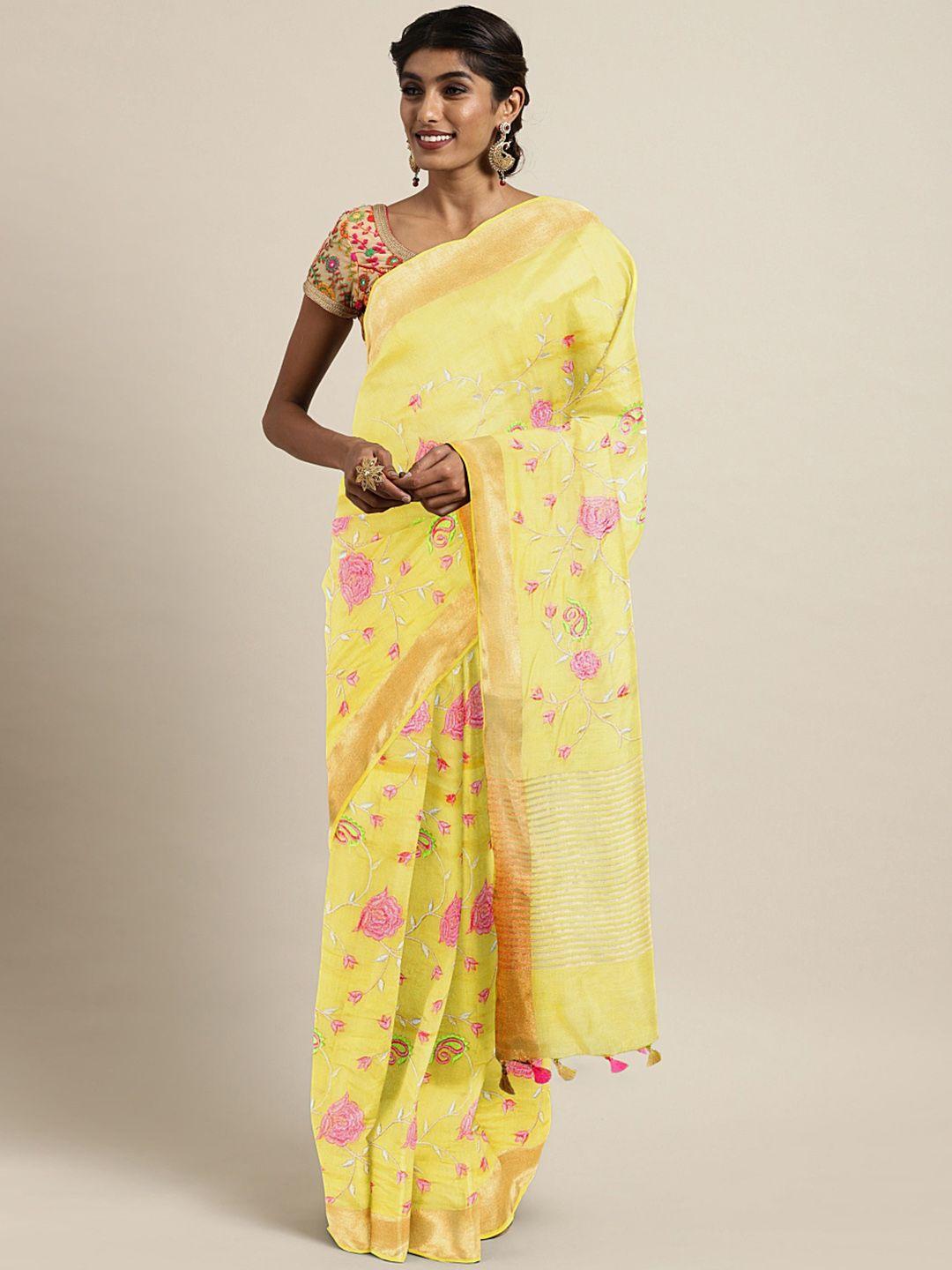 kalakari india yellow & pink ethnic embroidered silk blend saree