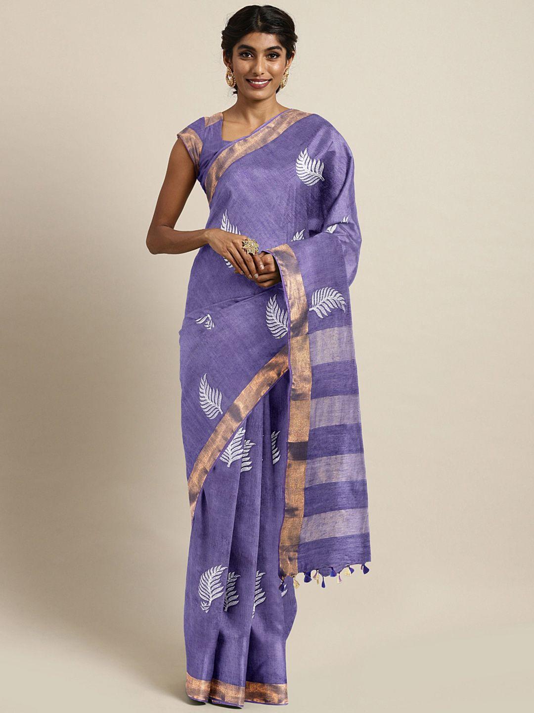 kalakari india purple & white floral embroidered silk blend saree